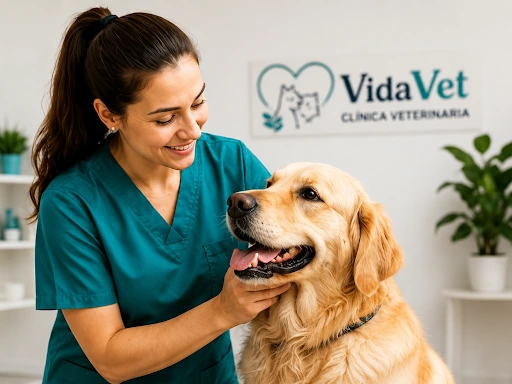 Veterinaria atendiendo perro